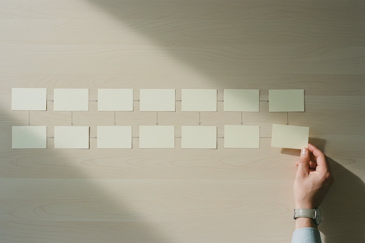 Index cards laid out in a process flow on a wooden table, a hand placing the next card
